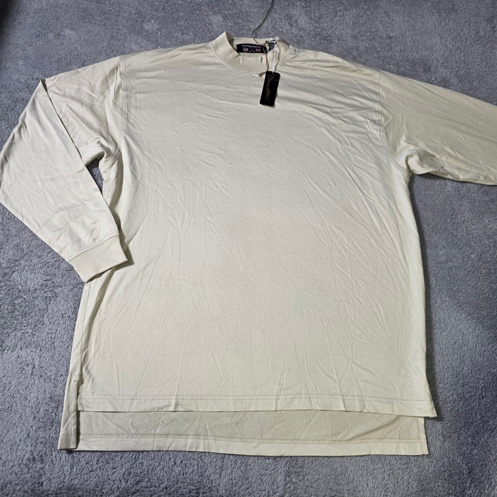Smith & Tweed Mens L Mock Neck Shirt Cream Pima Cotton Long Sleeve High-Low Hem