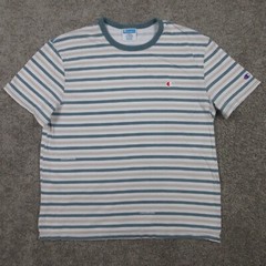 Champion Shirt Mens Large Green Striped Ribbed Collar Embroidered Logo Sport Tee