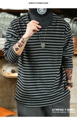 American Casual Striped Men Loose Retro Henry Collar Long-Sleeved T-Shirt Autumn