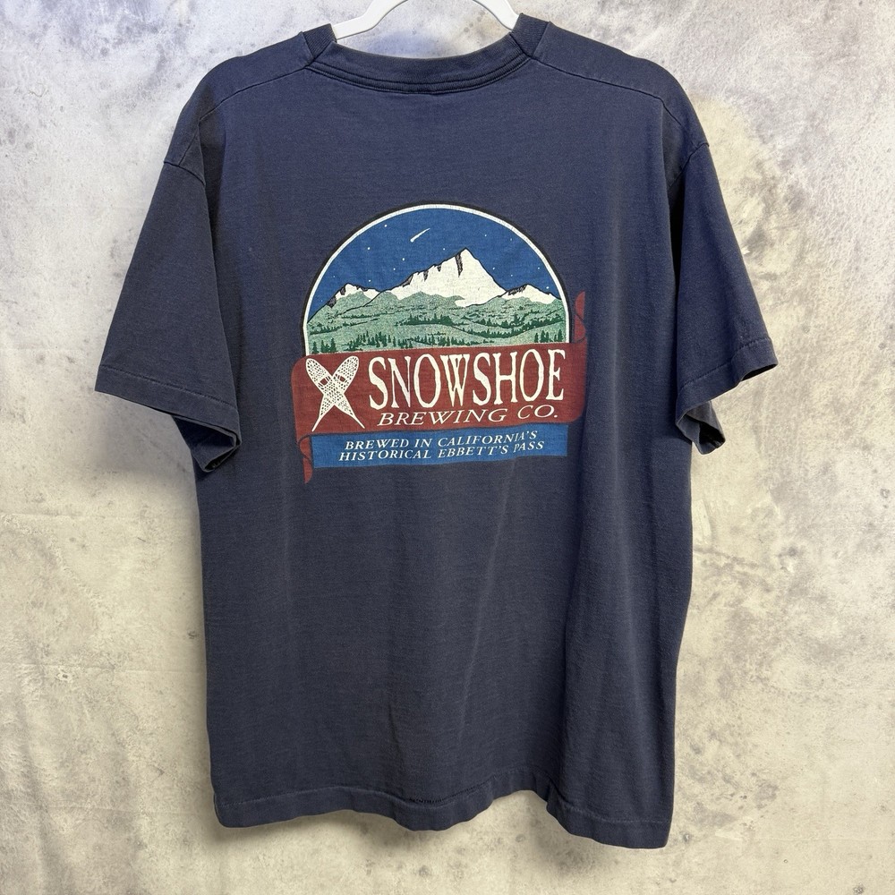 Vintage Showshoe Brewing Co Shirt Blue 90s California Nature Mens XL 22.5×27