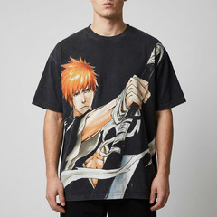 Bleach Anime Ichigo Streetwear Graphic Vintage Wash Heavyweight Cotton T-Shirt