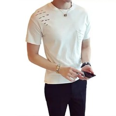 Men’s Stylish Ripped Crew Neck Cotton T-Shirt Slim Fit Short Sleeve Casual Top