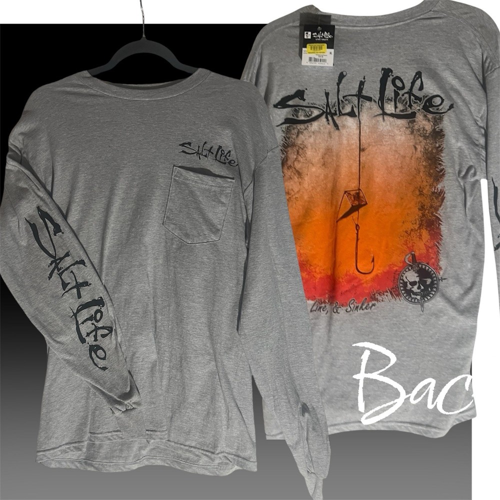Salt Life Hook Line And Sinker long sleeve Pocket t shirt Medium Gray NWT