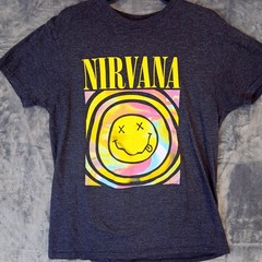 Nirvana Shirt Mens Large Gray Smiley Face Graphic Tie Dye Grunge Rock Band Tee