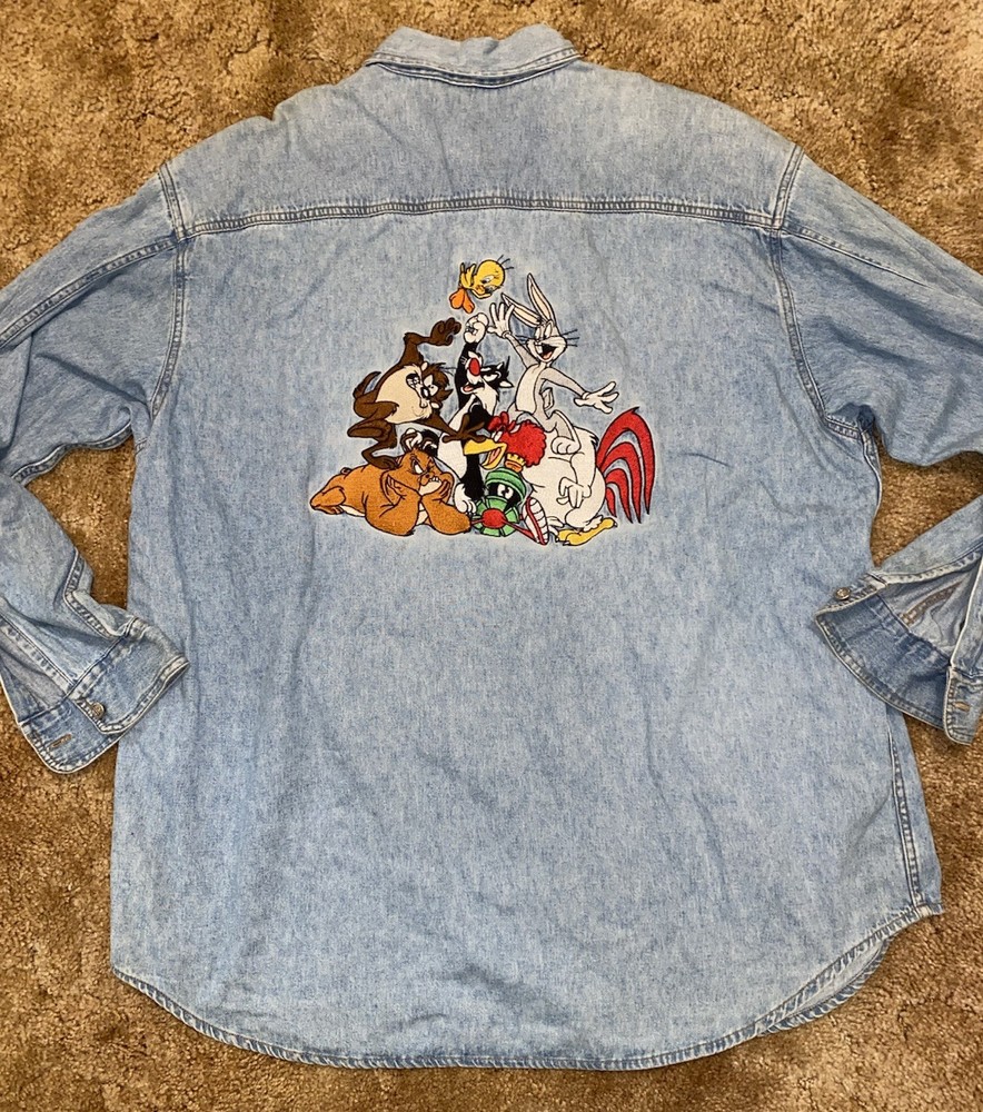 VTG 90s WB Store Looney Tunes Blue Jean Embroidered Shirt Bugs Bunny Sz XL