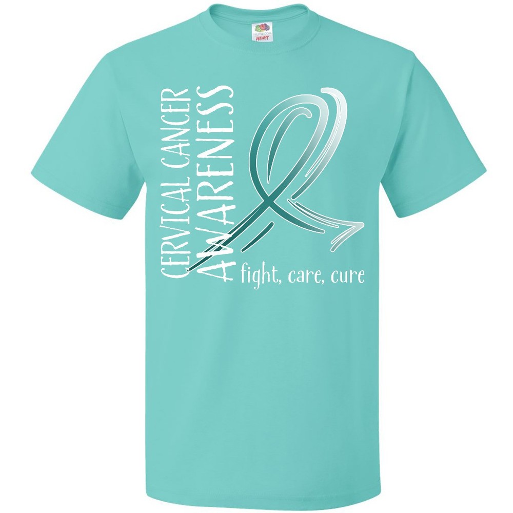 Inktastic Cervical Cancer Awareness- Fight, Care, Cure T-Shirt Teal White Ribbon