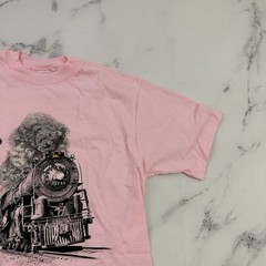 Rail Fair Sacramento Mens Vintage 90s Graphic Tee Size M Pink Train Engine 3751