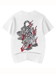 Niepce Men’s Vibrant Red Flame White Tiger Embroidery Japanese Streetwear Tee