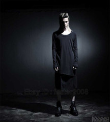 Mens Asymmetrical Hem Long Sleeve Shirt Top Mid Long T Shirts Punk Gothic S-3XL