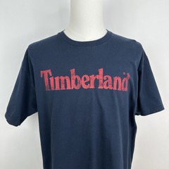 Timberland Spellout Logo T Shirt Mens XL Navy Blue Red Graphic Cotton Tee