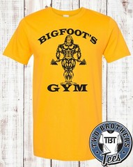 BIGFOOT’S GYM T Shirt sasquatch weightlifting fitness GOLD’S NEW