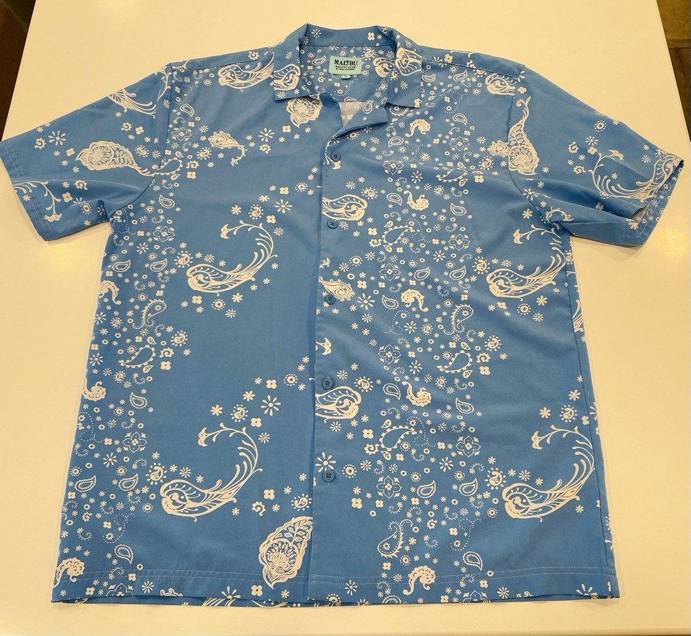 Malibu Beach Club By Drill Clothing Button Up Light Blue Paisley Shirt Sz Large