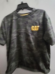 CAT Men’s L Regular Green Black Yellow Camo Logo Crew Neck Short Sleeve T-Shirt