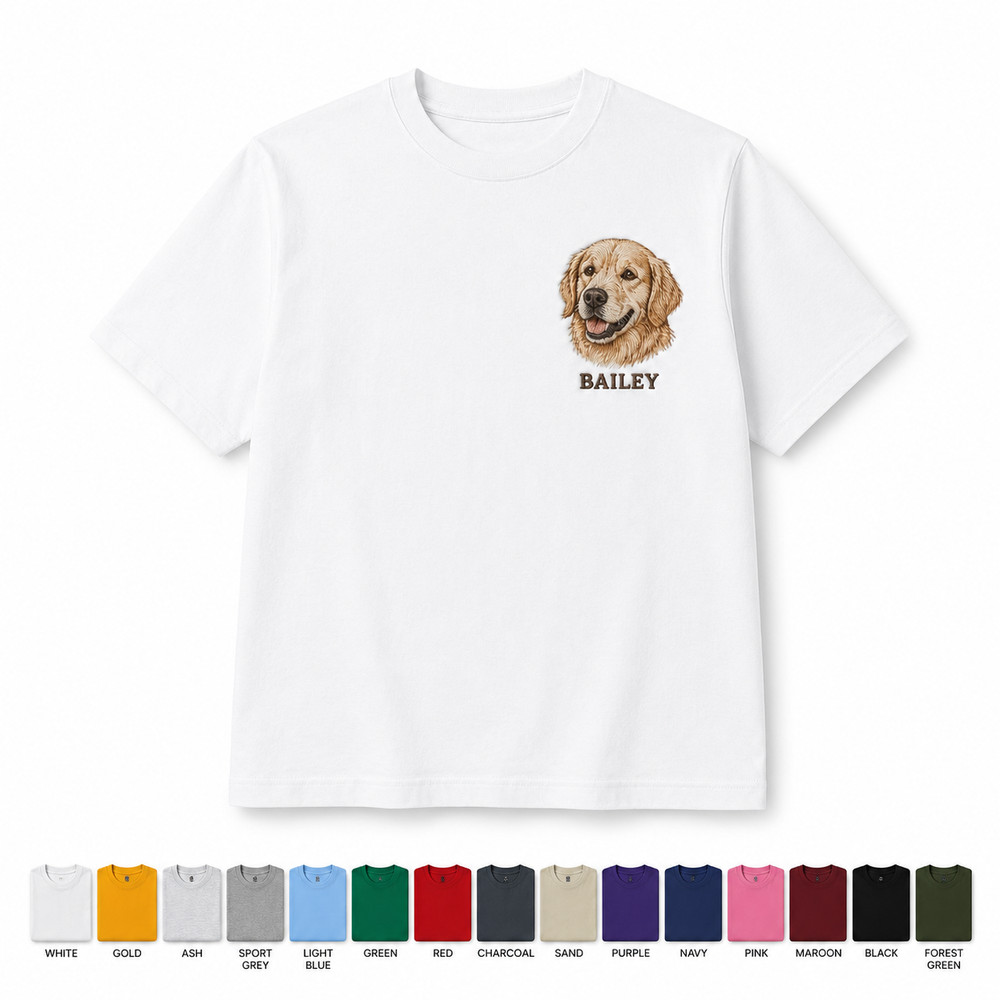 Custom Embroidered Pet Portrait T-Shirt Golden Retriever Personalized Name White