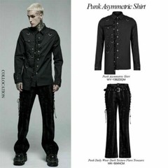 PUNK RAVE Men’s Punk Personality Asymmetric Shirt Slim Fit Casual Black Shirts