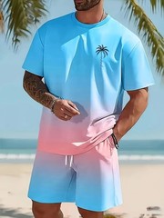 Two-piece men’s casual sportswear set with a Hawaiian-inspired gradient design