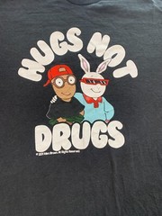 VINTAGE ARTHUR Shirt Mens Large Black Hugs Not Drugs Arthur Buster Y2K Sz L