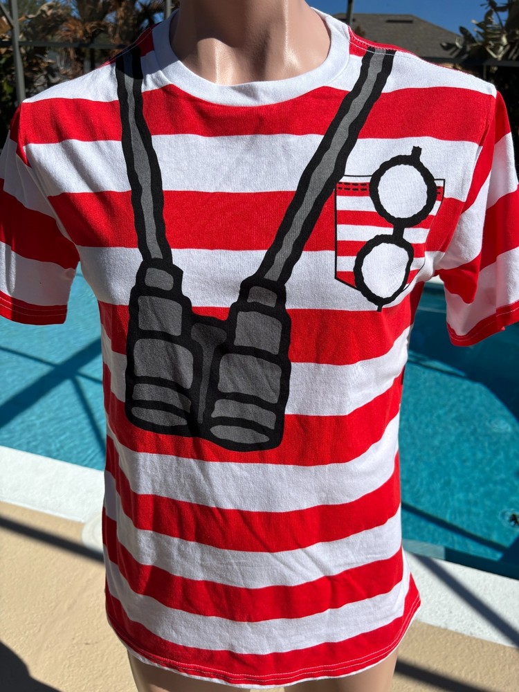 Where’s Waldo Binoculars Glasses Red Striped Costume T Shirt Mens S/M