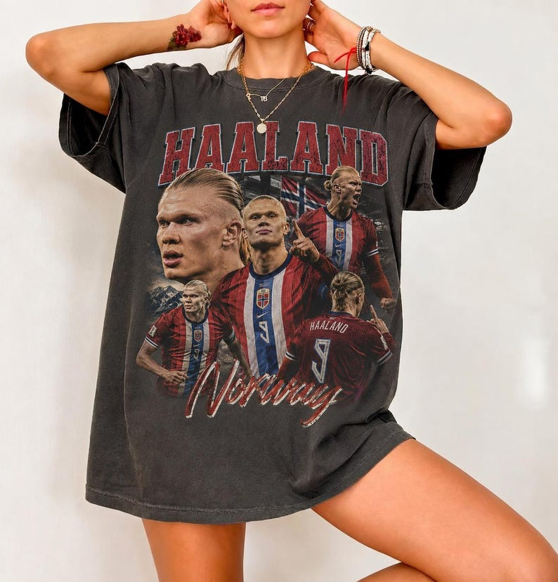 Vintage Haaland Shirt, Retro Soccer Graphic Tee, Norway Striker Oversized Shirt