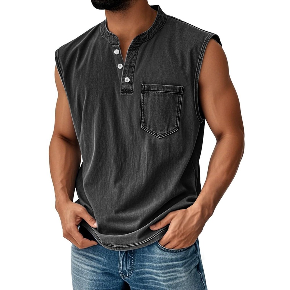 Men Sleeveless Beach Tee Hawaiian Summer Shirt Button Vest Henley Tank Tops#SML