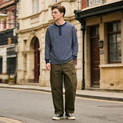 Mens Long Sleeve Striped Henry Shirt 300G Heavyweight Sailor T-Shirt Casual TEE
