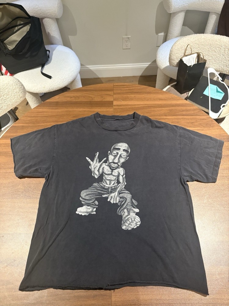 Vintage Tupac Distressed Tee Sz Large Black 90s Rap Tee Cartoon Caricature 2Pac