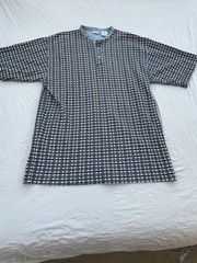 VTG Bugle Boy Henley Men XL Gray Gingham Ribbed Short Sleeve Mandarin Collar