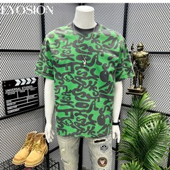 Men’s Green Graphic T-Shirt Vintage Abstract Print Cotton Casual O-Neck Tee