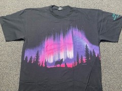 Vintage Aurora Northern Lights Wolf Night Wrap Around Faded Black Shirt 2XL SS