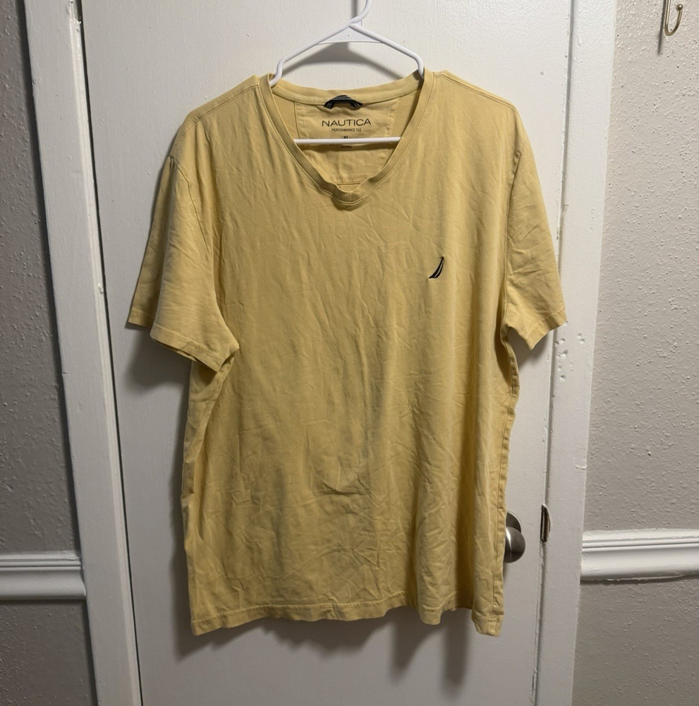 Nautica Performance Tee Yellow Men’s V-Neck Short Sleeve T-Shirt XL Cotton