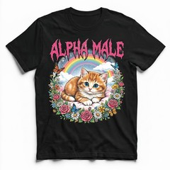 Alpha Male Kitten Rainbow Flowers Butterfly T-Shirt Ironic Cute Cat Humor Tee