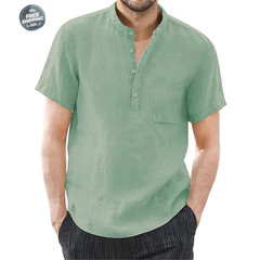 Men’s Cotton Linen Short Sleeve Casual Shirt Breathable Summer T-shirt Tee Gift