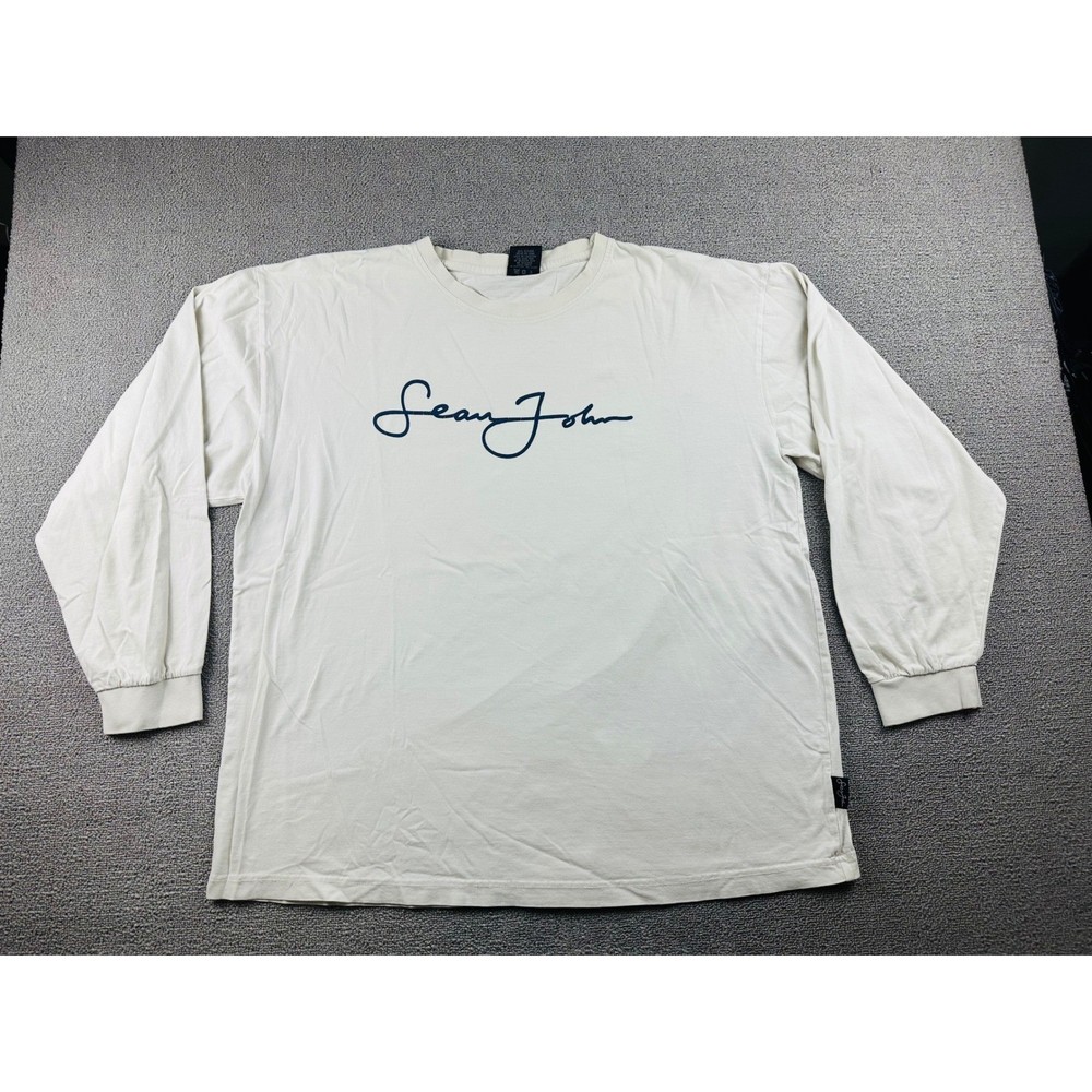 Y2K Sean John Long Sleeve T-Shirt Men XL White Signature Script Relaxed Urban