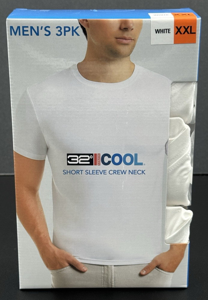 32 Degrees Cool Men’s 3pk Shirt XXL Short Sleeve Crew Neck White Quick Dry New