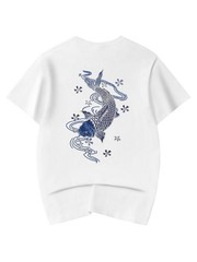 Niepce Japanese Streetwear Embroidery T-shirt Blue Koi Graphic Tee for Men