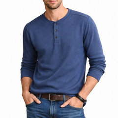 Foundry Men’s Henley Thermal Shirt Size XLT Blue Long Sleeve Waffle Knit