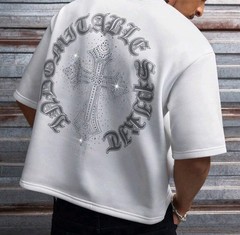 New Men Luxury Diamond Cross Rhinestones White T-Shirt High Quality