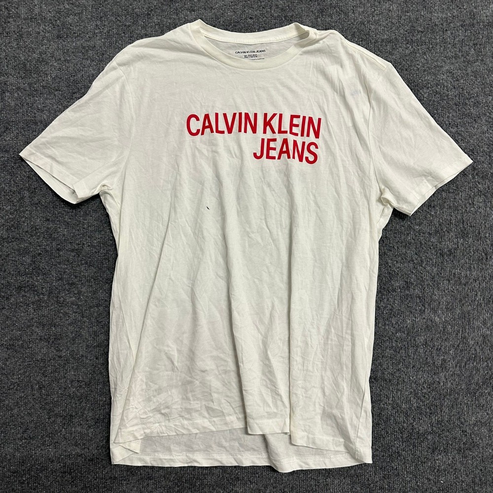 Calvin Klein Jeans T-Shirt Mens Size XL White Red Logo Crewneck Short Sleeve