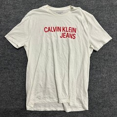 Calvin Klein Jeans T-Shirt Mens Size XL White Red Logo Crewneck Short Sleeve