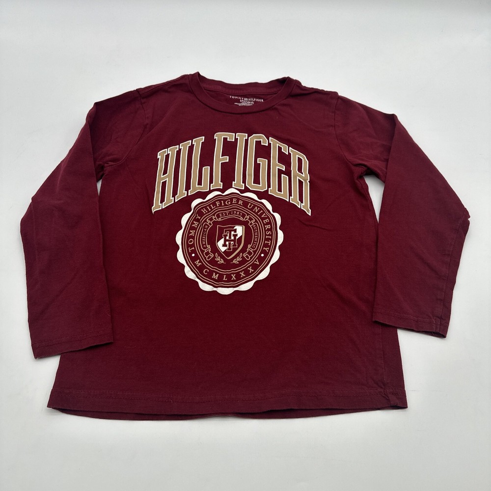 Tommy Hilfiger T-shirt Long Sleeve Youth Boy S 8-10 Burgundy Graphic Print.13961