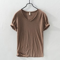 Men Pure Color Cotton Short Sleeve T-shirts V-neck Sports Casual Tops Summer