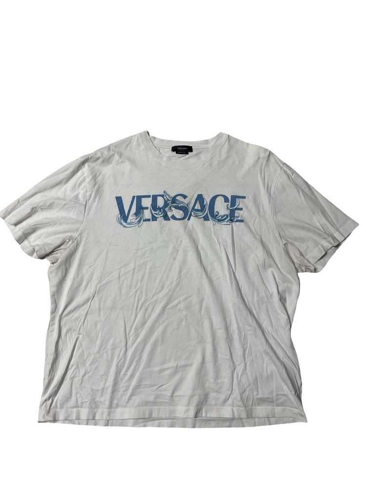 Versace Mitchell Fit White Blue Logo Graphic T-Shirt Men’s XL Made InItalyCotton