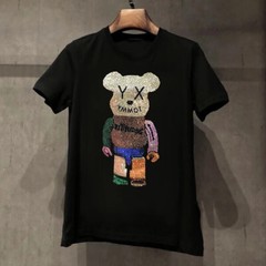 New Fashion Hot Drill Bear Rhinestones Trend Cotton Summer Luxury Men T-Shirt