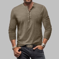 Mens Henley Grandad Casual Shirts Long Sleeve Muscle Slim Fit Button T Shirt Top