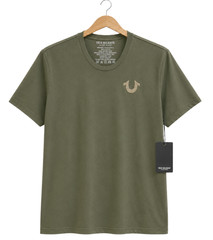 True Religion Mens T Shirt Medium Olive Green Raised Graphic Buddha Logo Tee NWT