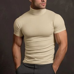 Men Solid Color Mock Neck Short Sleeve Tight Fitted Basic T Shirt Slim Casual