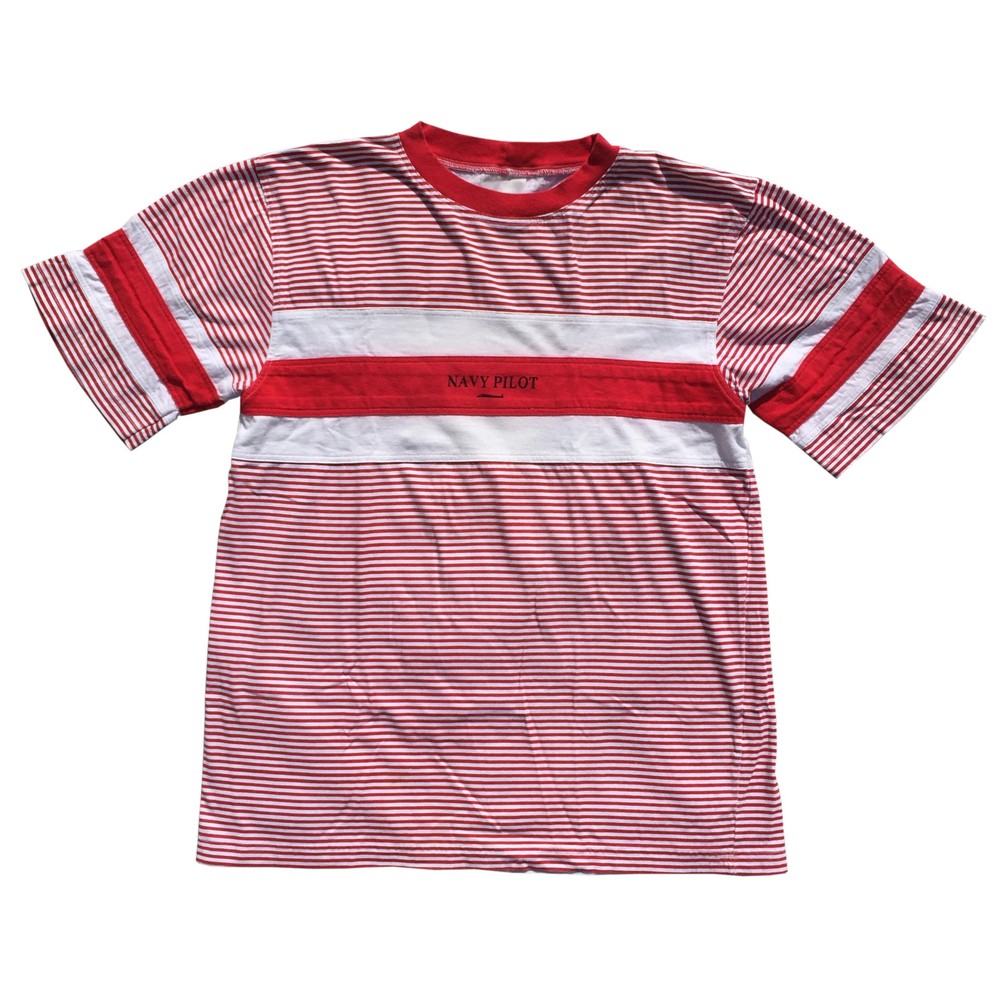 Navy Pilot T-shirt mens size Large red white stripe panelled vintage tee