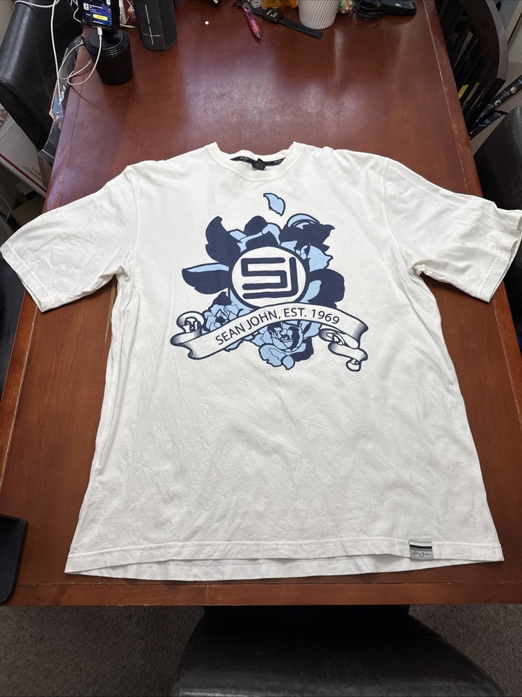 Vintage Y2K Sean John T-Shirt XL Mens Hip Hop Tee Baby Blue Print SJ Shirt XL