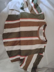 Original Use Green Brown White Striped Short Sleeve Curved Hem T-Shirt, Childs S