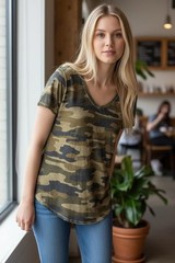Lucky Brand Women’s XL Brown Camo V-Neck T-Shirt Lightweight Stretch Hi-Low Hem